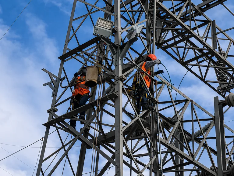 Técnicos de ESCEM realizando un empalme de fibra óptica en torre de transmisión